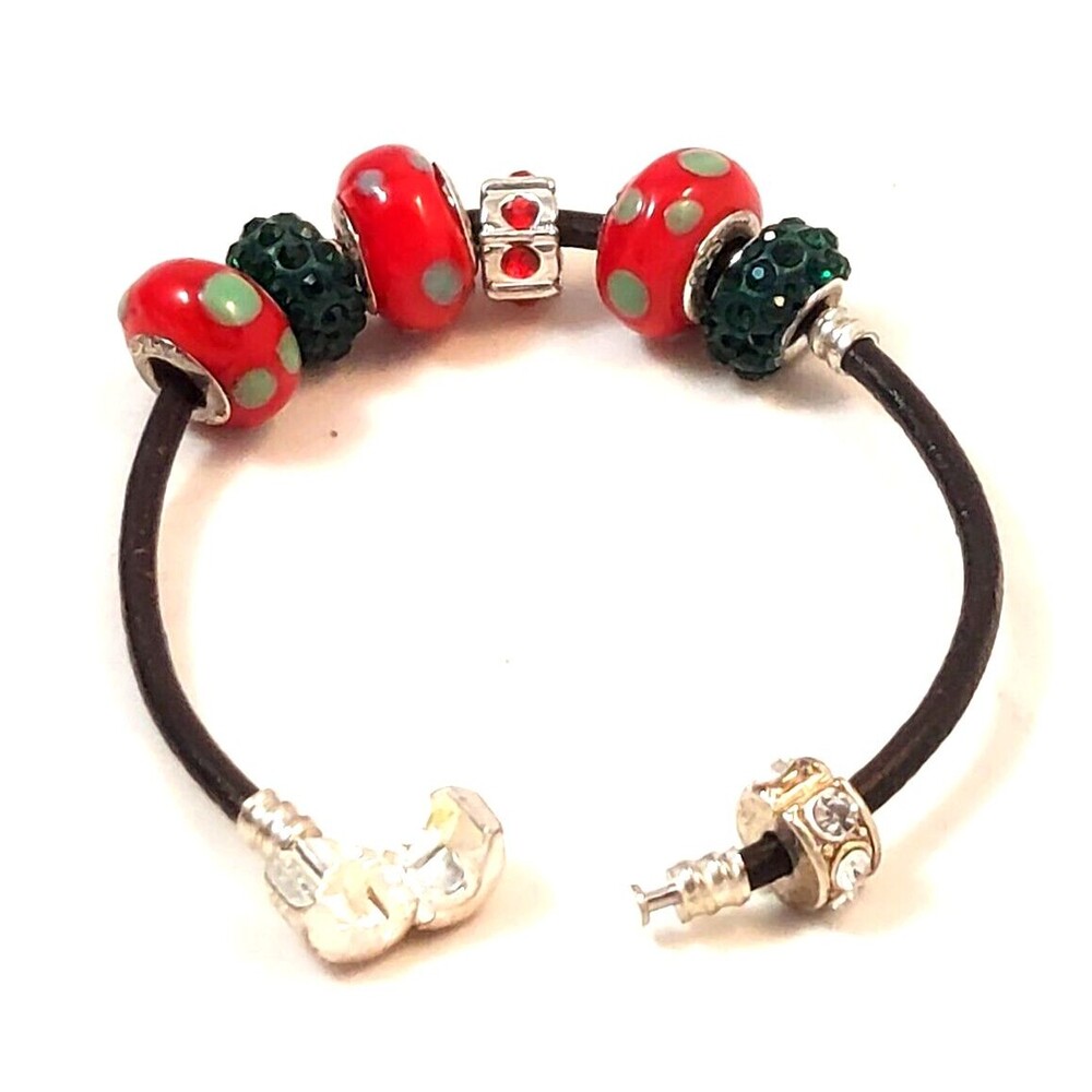 925 Sterling Silver Euro style Bracelet Leather strap Red Black Beads marked 925